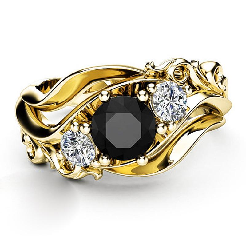 Huitan Witch Ring Unique Black Stone Prong Setting Twist Band Design Rose Gold Color Women Engagement Finger Rings