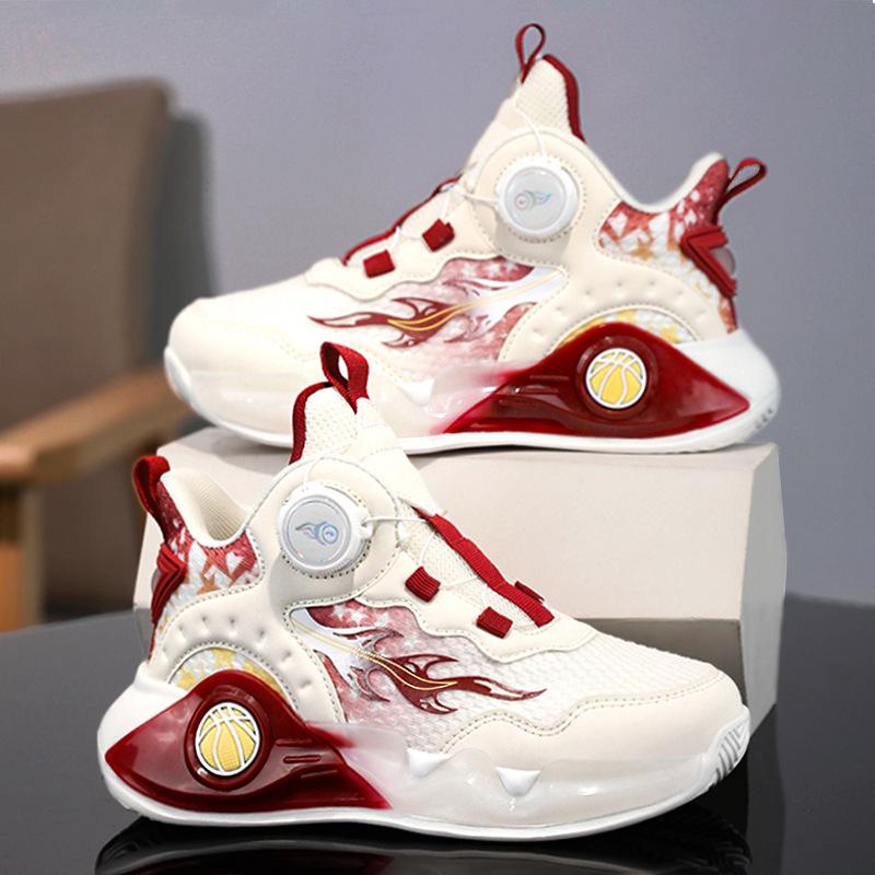 Boys' Shoes Sports Lightweight Soft Soled White Children's Mesh Basketball Rotating Buckle