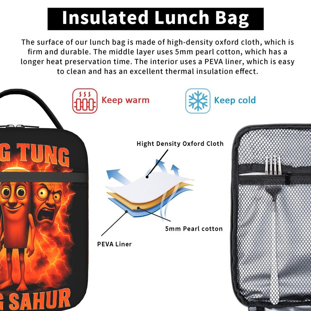 Tung Tung Tung Sahur Meme Insulated Lunch Bag Cooler Bag Reusable,Lunch Container Leakproof Tote Lunch Box Food Storage Bag