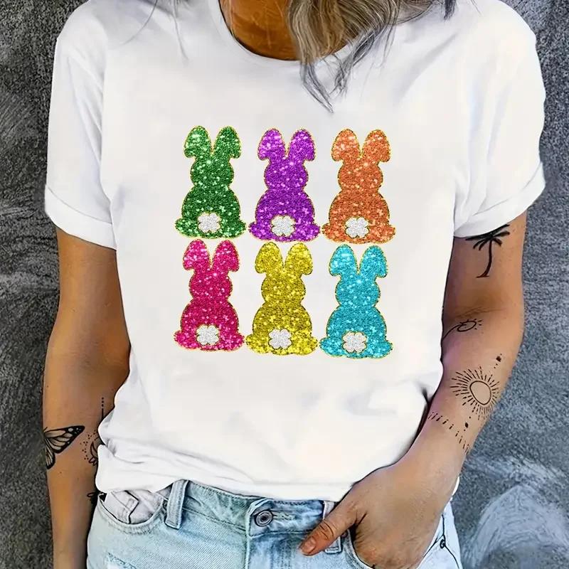 Easter Graphic Print T-shirt Crew Neck Casual Top For Summer Women's Clothing Cartoon Short Sleeve Print Tshirts