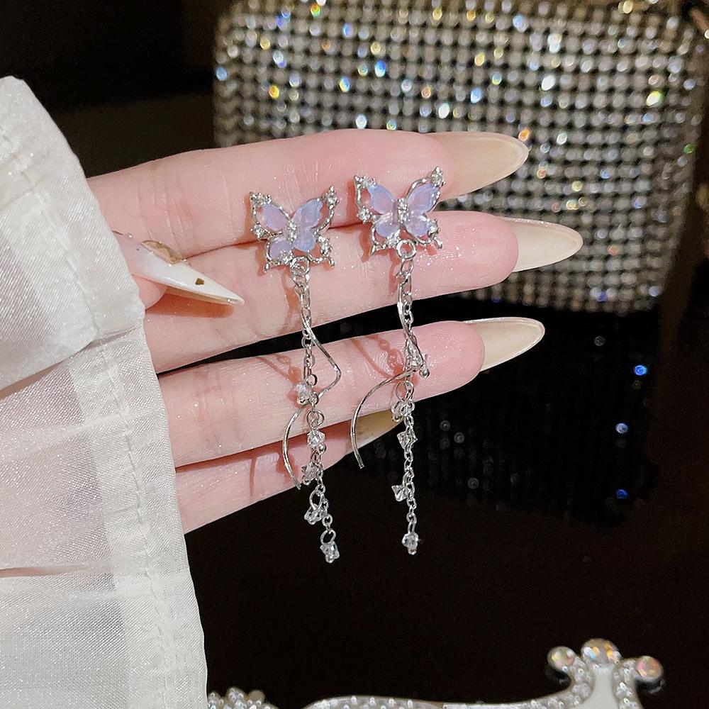 2 Pcs Cute Exquisite Shiny Crystal Butterfly Fashion Sweet Zirconia Alloy Pink Silver Color Long Tassel Earrings Wedding