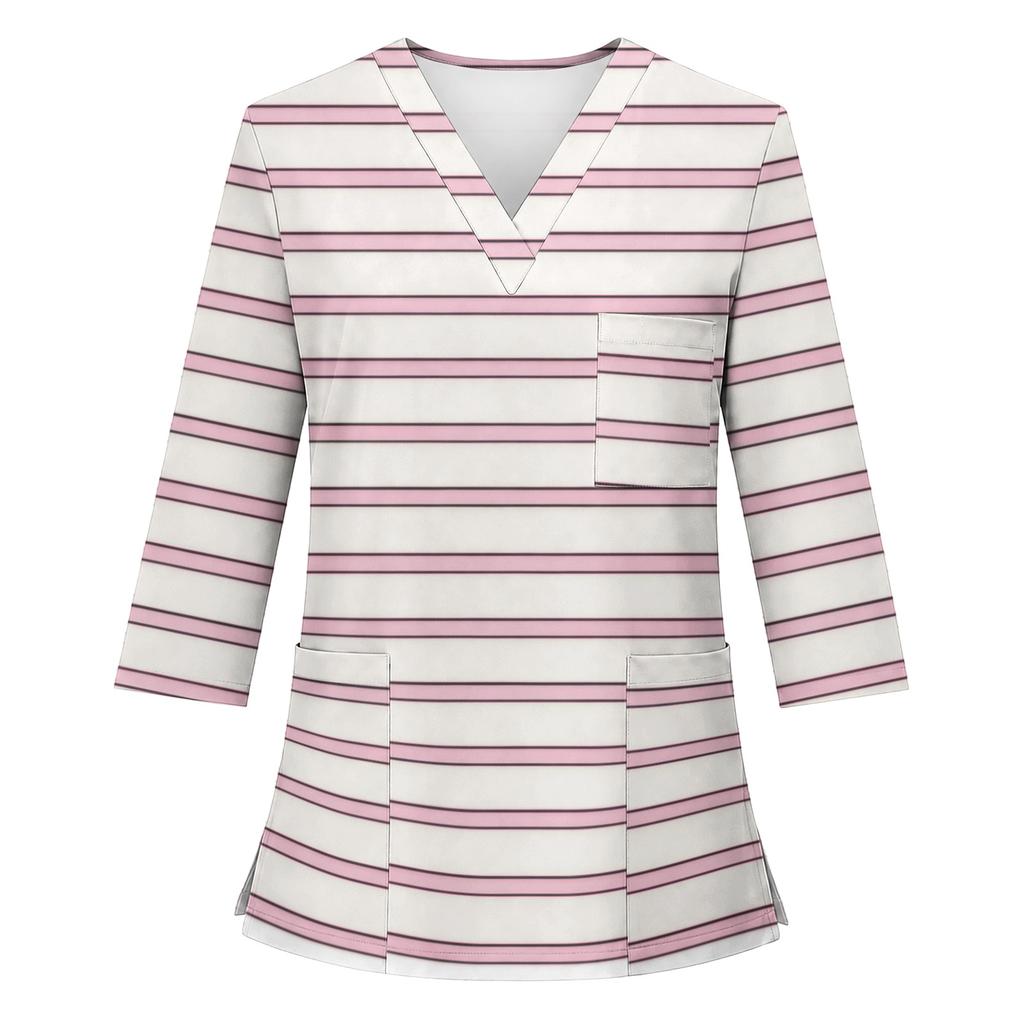 Women's Uniform Top Printed V-Neck 3/4 Sleeve with Single Pocket and Side Slit