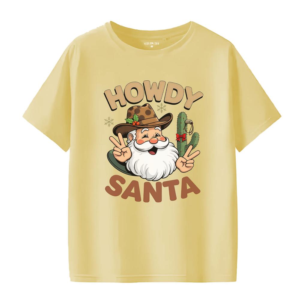 Santa Claus HOWDY SANTA letter printed pattern Tshirt short sleeved round neck versatile Womens Tshirt