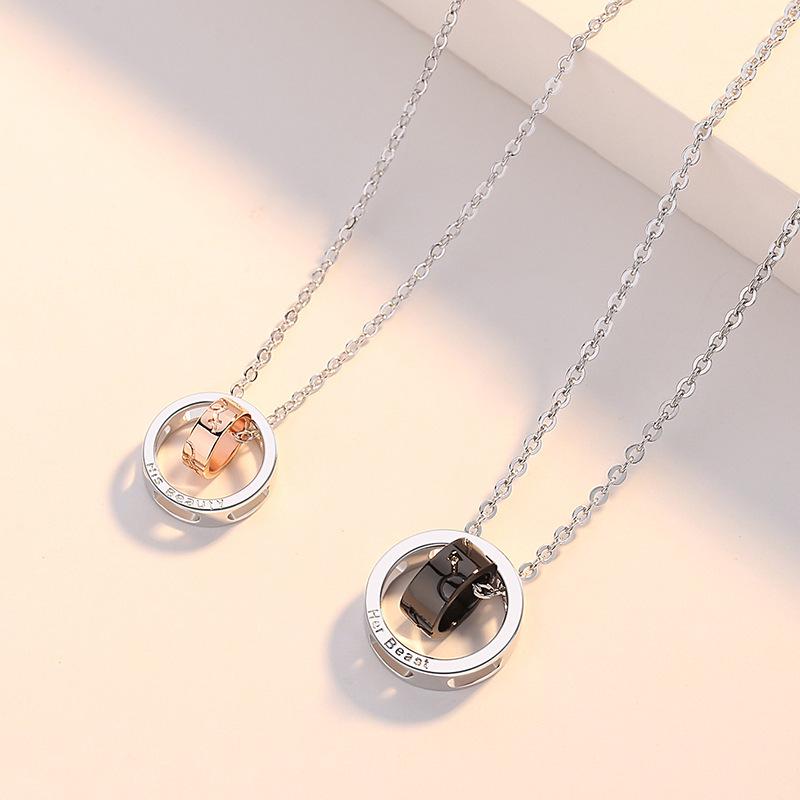 Minimalist Beauty and the Beast Double Ring Necklace for Couples