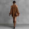 European & American Suede Plush Lantern Sleeve Off-Shoulder Mini Dress, Half-High Collar Halter Neck, 2025 Fashion.