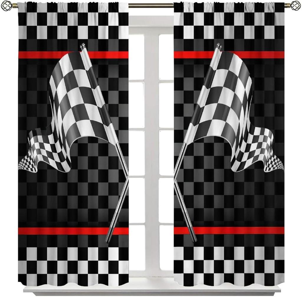 Racing Car Kids Curtains Checkered Flag Abstract Red Background Decoration Bedroom Living Room Kitchen Curtain Light Blocking Polyester Ideal For Area