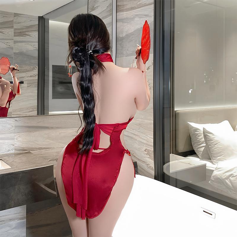 Sex underwear sexy neck hollowed out high waist split cheongsam temptation pajamas short skirt uniform set