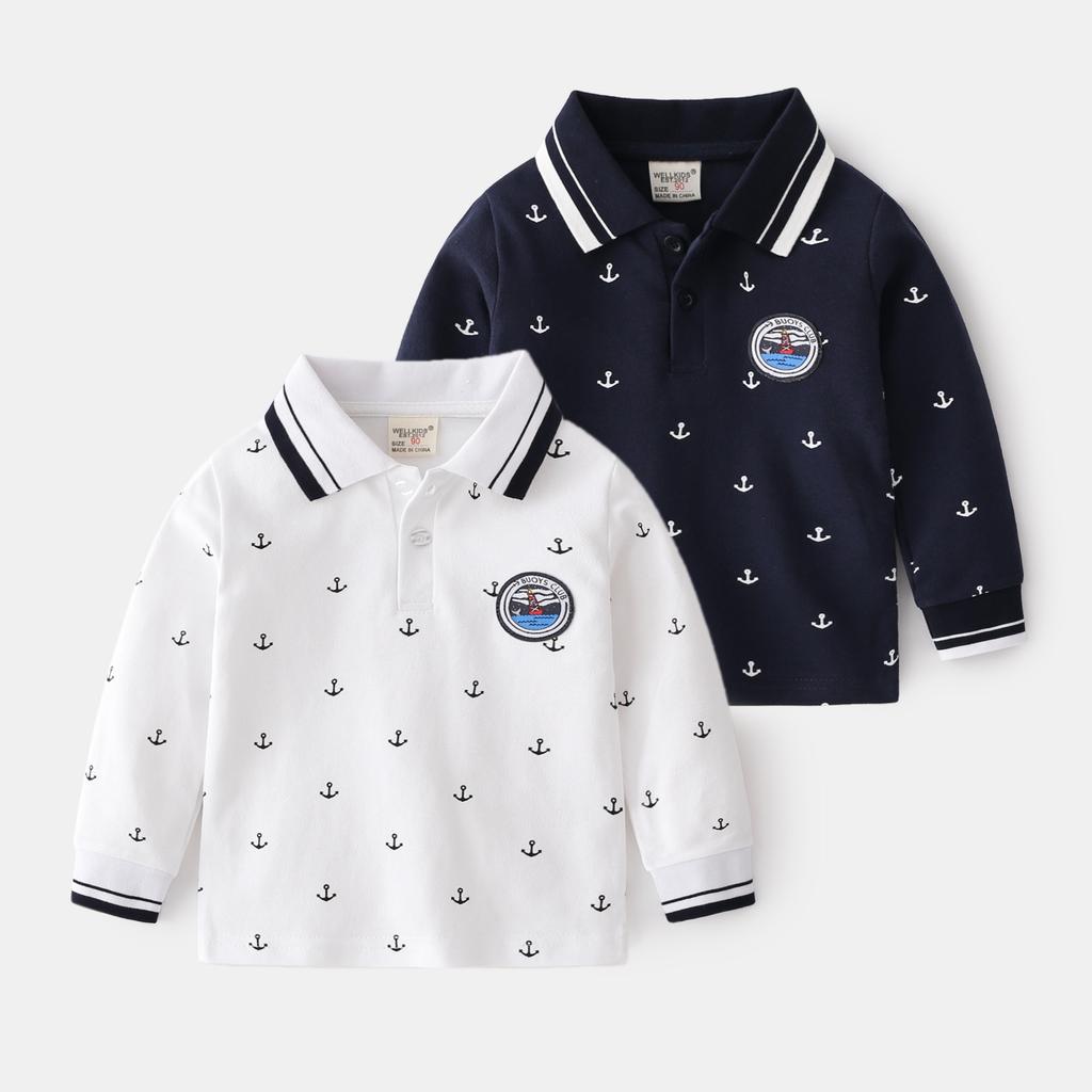 Boys Sailor Style Shirt Long Sleeve Navy White Collared Casual School Top for Kids