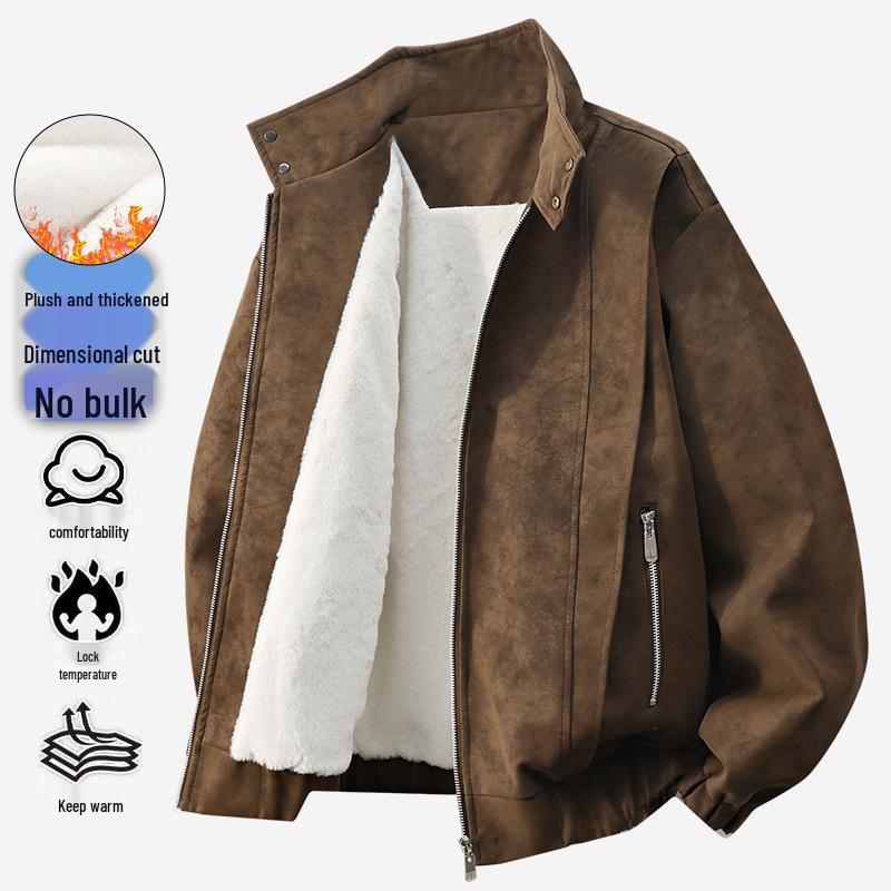 Men's Retro Stand Collar Velvet-Lined Leather Jacket - High-End Loose Fit for Autumn/Winter