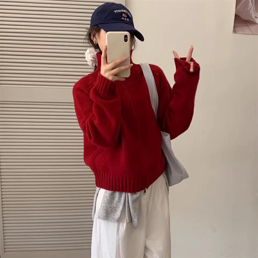 Korean Style Loose Knit Cardigan with Stand Collar and Double Zipper - Casual Short Jacket for Women