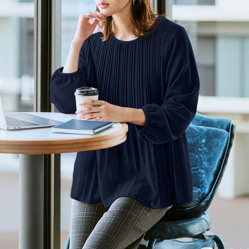 

ZANZEA Жіноча повсякденна блузка з круглим вирізом, однотонна, з довгим рукавом M Темно-синій