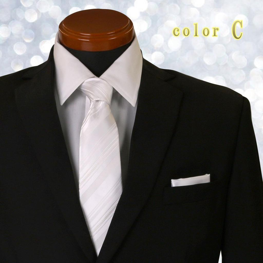 [Gratter than] Wedding Formal Tie with Pocket Square, Silver & White, Washable, 7cm Wide, Stylish, Easy Care, Perfect for Wedding Receptions and