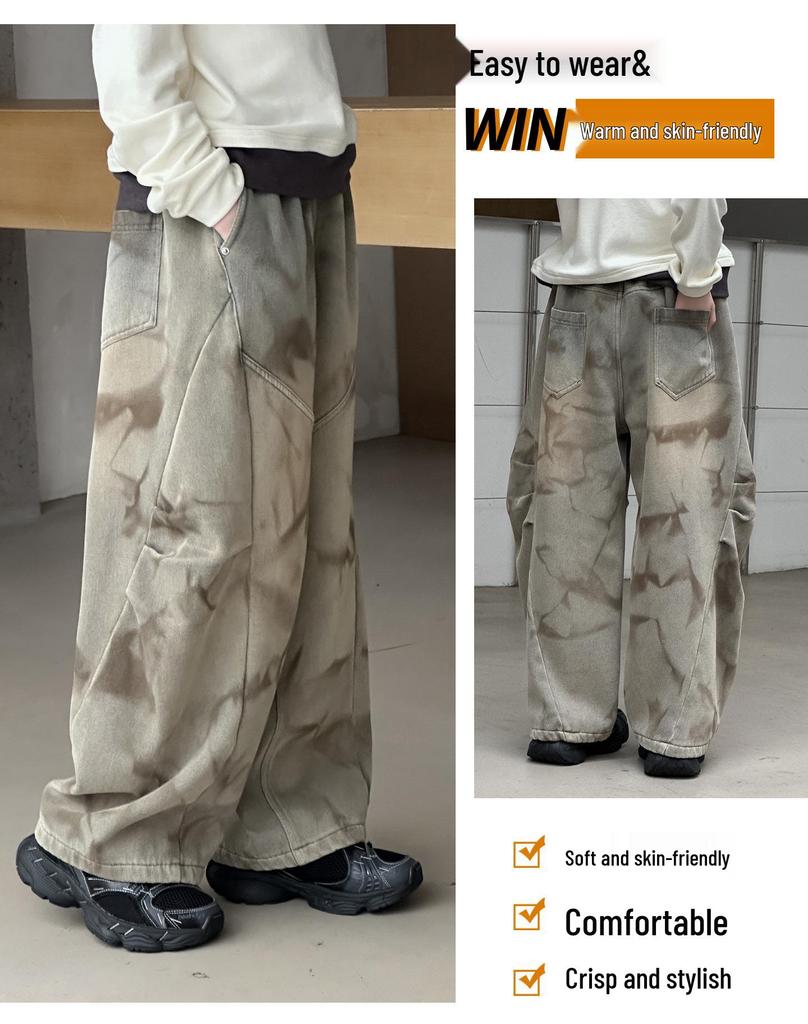 Retro Yellow Mud-Dye Fleece Lined Wide Leg Distressed Jeans for Girls