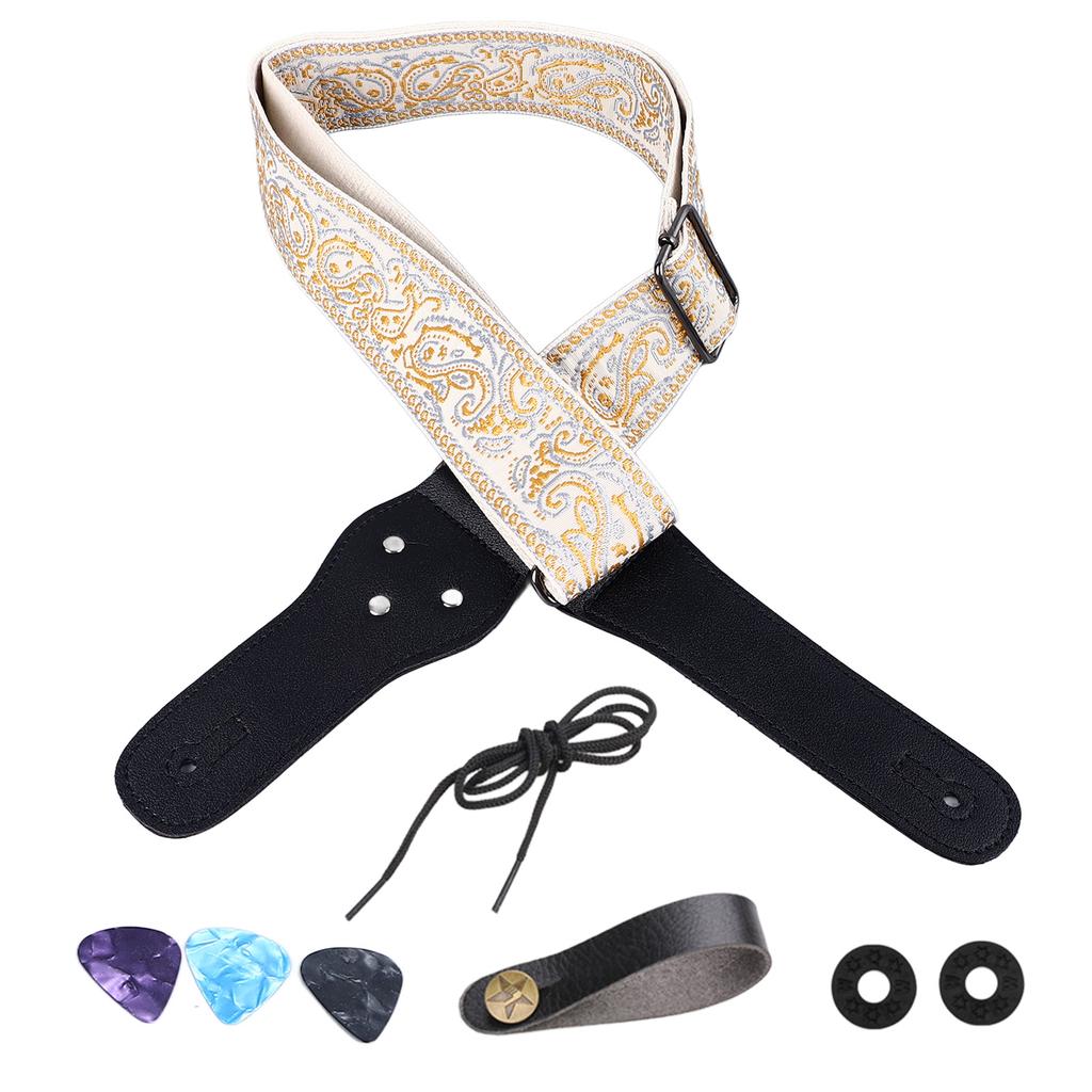 Guitar Strap Embroidery Widened Adjustable Shoulder Strap with Picks for Acoustic Electric Guitar