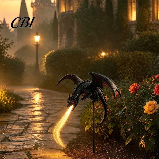 Outdoor Metal Dragon Ornaments Solar Garden Stake Light with Breathing Flame Fiber Optic Effects, Energy Efficient Stakes Waterproof Powered