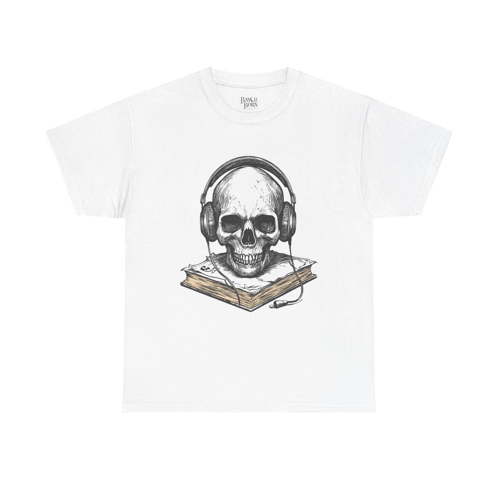 Skull Headphones on Book Unisex Heavy Cotton Tee 2XL