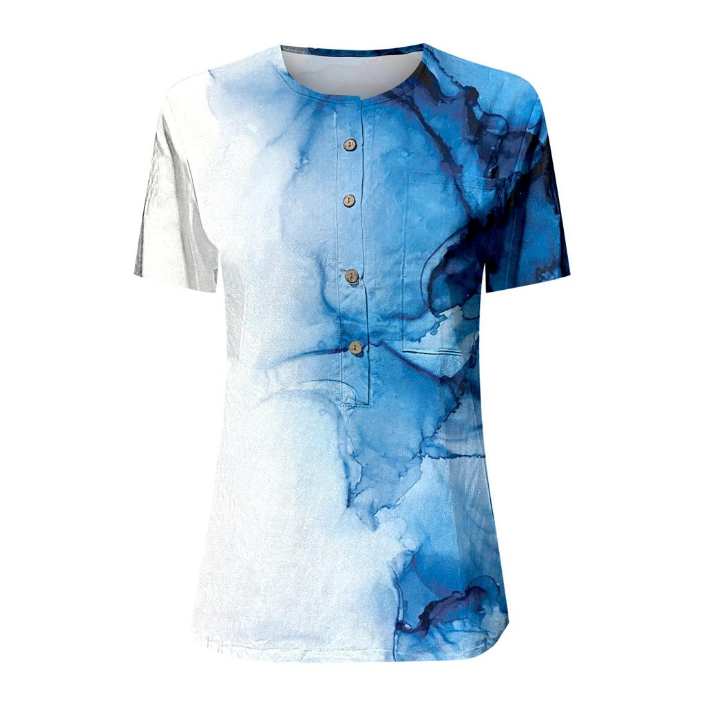Women's Summer Casual Fashion Cotton Linen Printed Women's Short Sleeve Shirt Tops