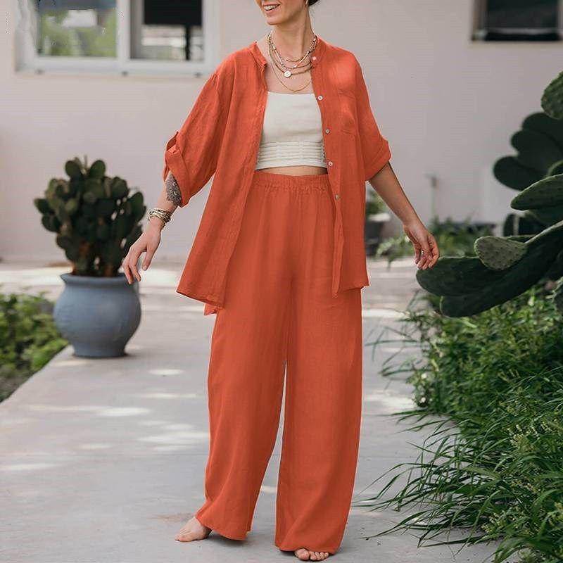 Womens Piece Set Vintage Plus Size Cotton Linen Shirt Set L