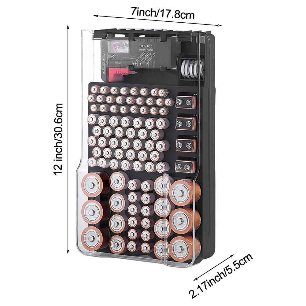 93-Battery Plastic Organizer with Tester and Clear Hinged Lid 30.6x17.8x5.5cm for AA AAA C D 9V Battery Storage