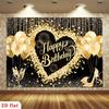 2D Black Gold Heart Happy Birthday Party Decoration Background Banner