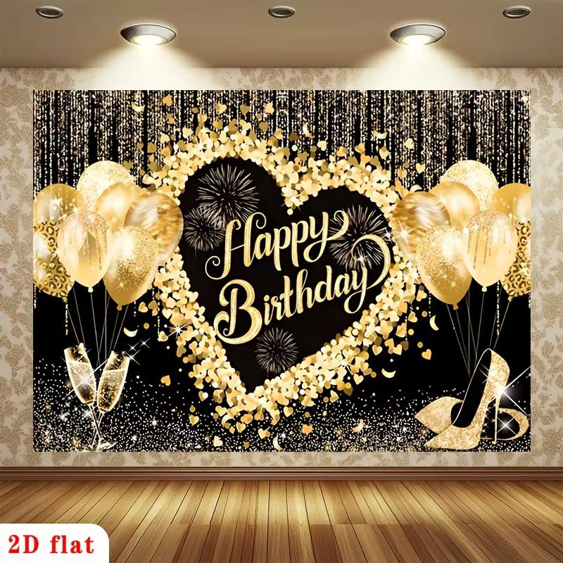 2D Black Gold Heart Happy Birthday Party Decoration Background Banner