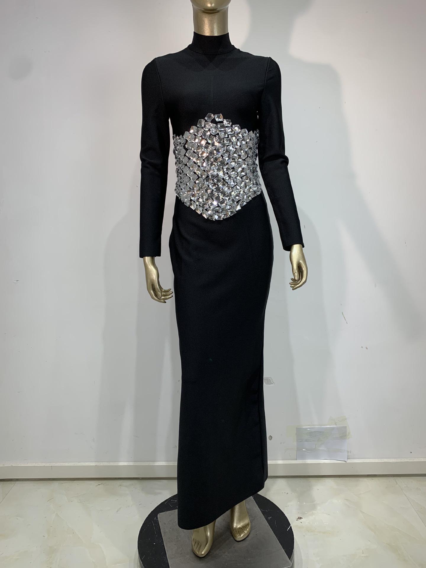 

Autumn & Winter Rhinestone Bandage Evening Gown with Long Sleeves Extra Small чорний
