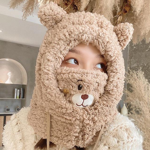 Cartoon Bear Ear Lamb Beanie Hat With Mask Warm Balaclava Winter Thickened Ear Protection Autumn Skullies Beanies For Girl