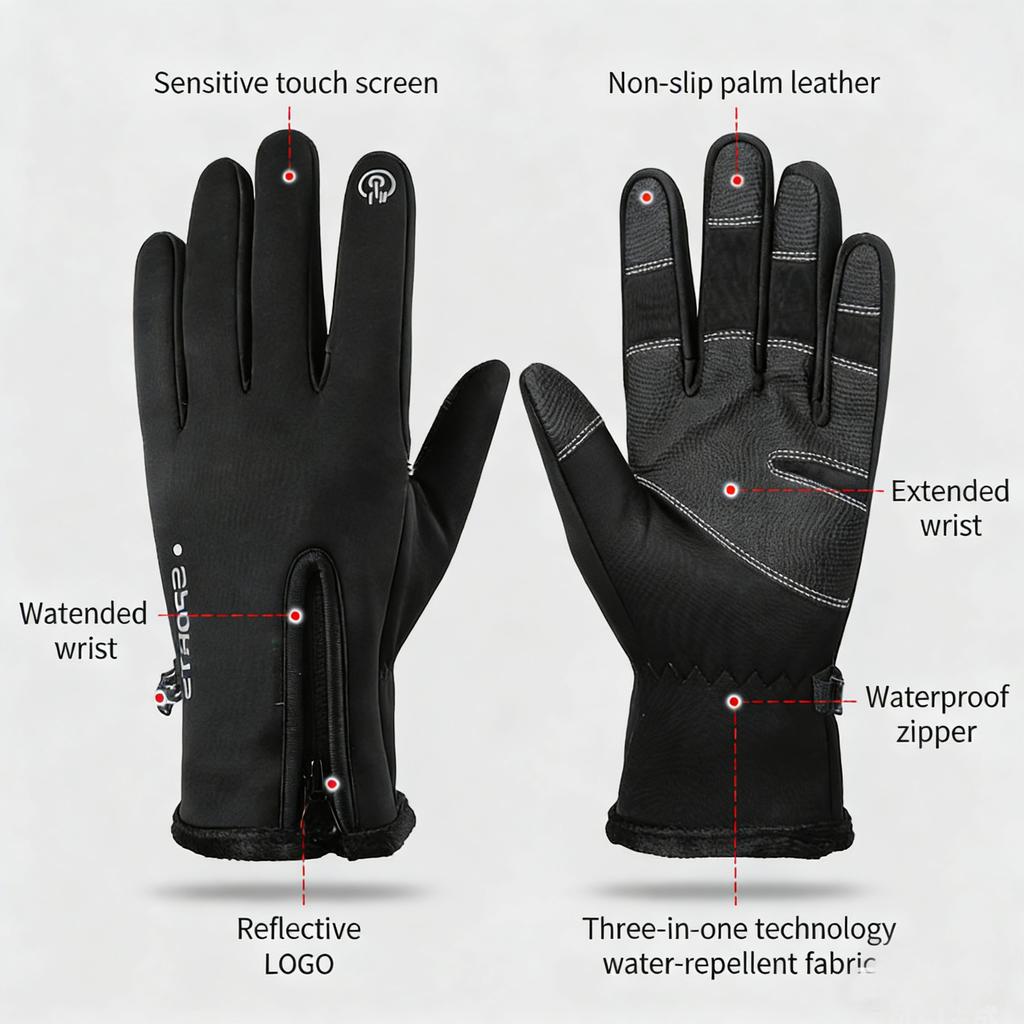 Customize Winter Outdoor Sports Zipper Full Finger Waterproof Touch Screen Motorcycle Riding Cycling Ski Gloves