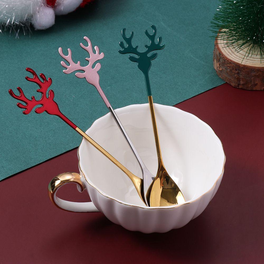 Ice Cream Stainless Steel Christmas Deer Head Xmas Antlers Christmas Spoons Coffee Scoops Tea Scoop