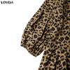 VONDA Vintage Women Puff Sleeve Leopard Print Buttons Up Long Pleated Dress