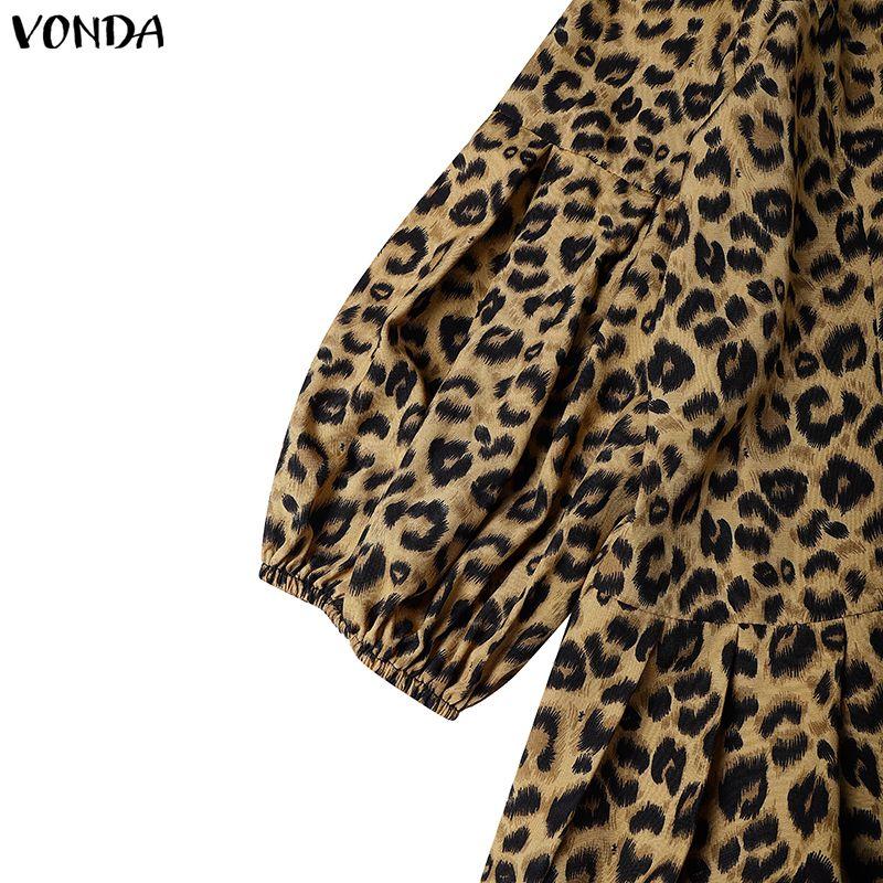 VONDA Vintage Women Puff Sleeve Leopard Print Buttons Up Long Pleated Dress