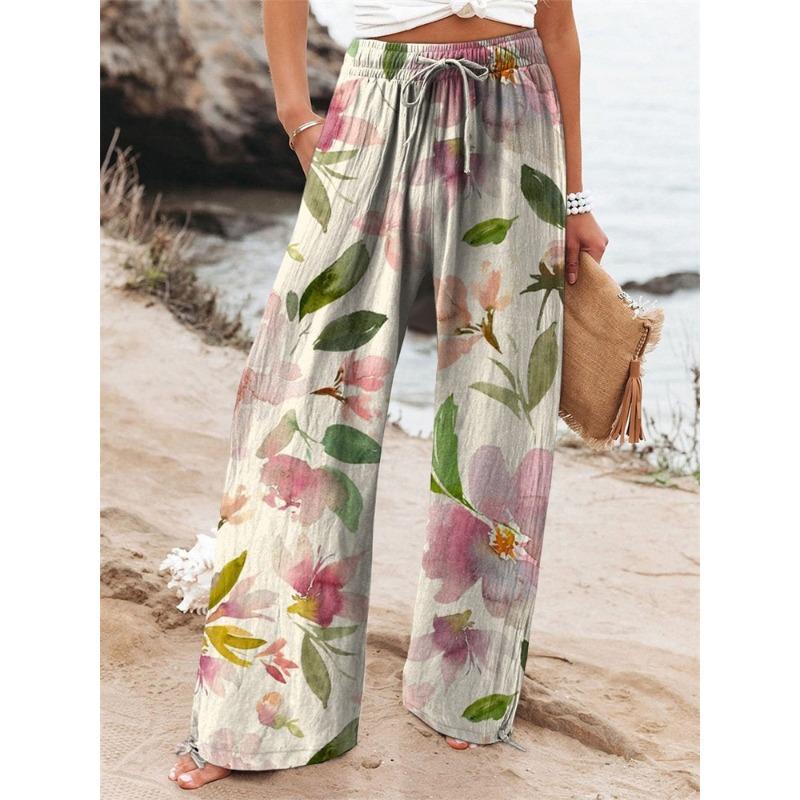 Women's Drawstring Relaxed-Fit Casual Pants 3D Floral Print Comfortable Breathable Fashionable Wide-Leg Pants