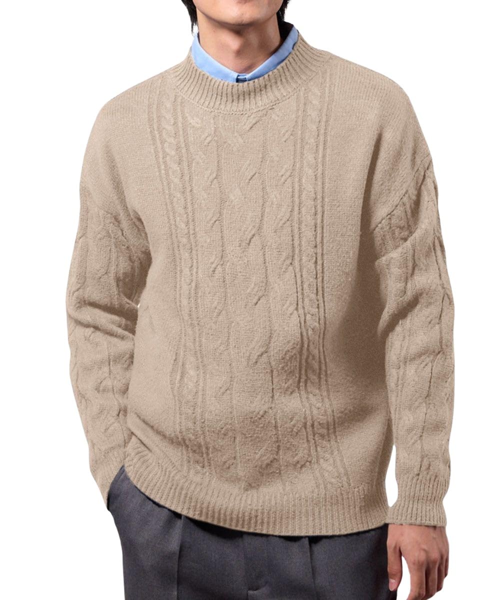 Nissen Washable Cable Knit Crew Neck Winter Size 3L Men s Sweater, Beige,