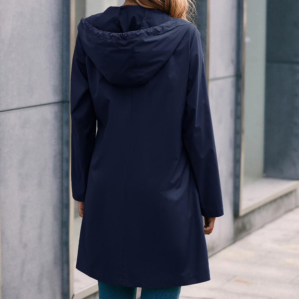 Women's Fashion-Simple Solid Color Outdoor Sports Single-breasted Pocket Windproof And Rainproof Hooded Mid-length Windbreaker Jacket