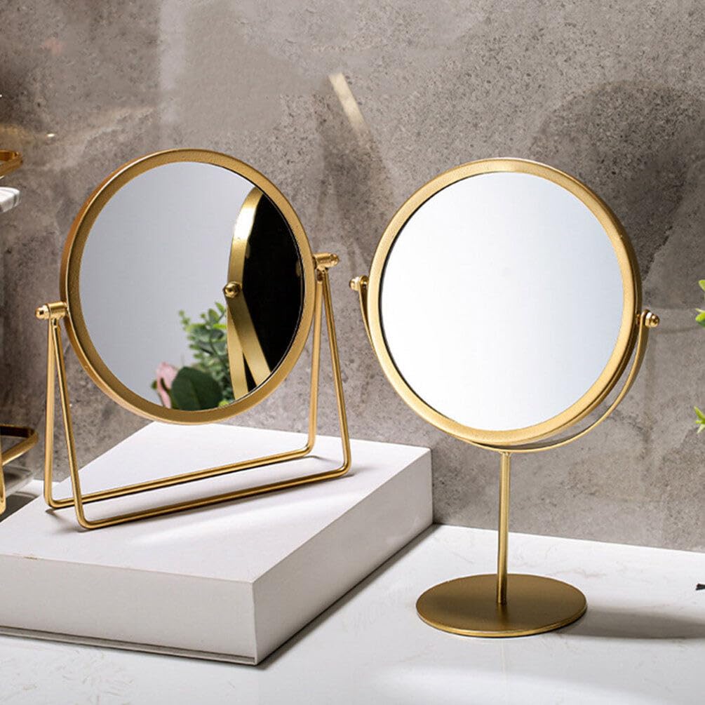 LALAFINA Tabletop Stand Mirror, Round, Compact Design with Stable Base, for Dressers, Gold, 27 x 19 x 10 cm