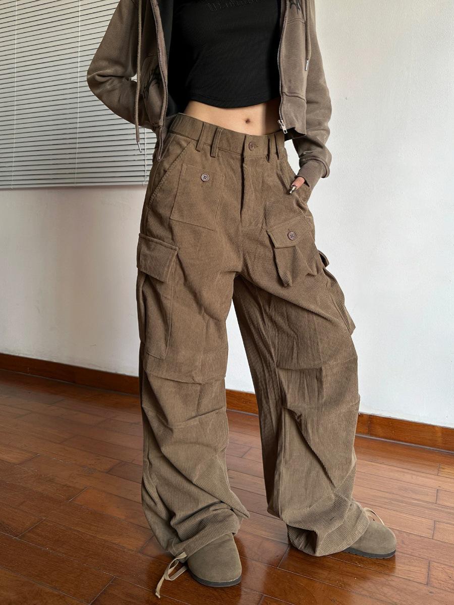 

Брюки унисекс в стиле ретро из вельвета: Свободный прямой комбинезон в уличном стиле с множеством карманов для весны и осени. XL хаки