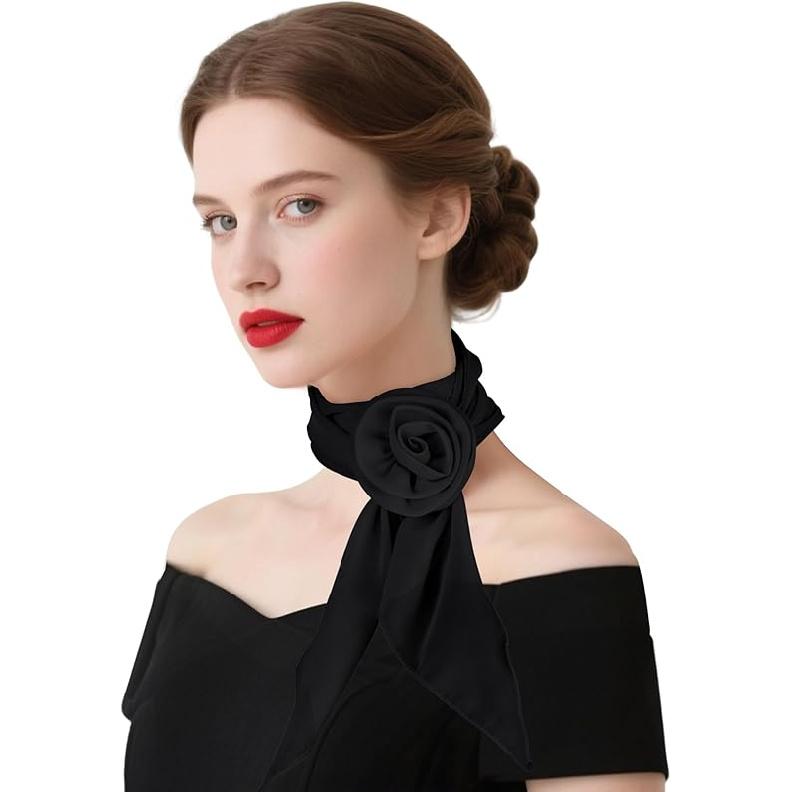 Chiffon Rose Scarf for Women Removable Flower Neck Scarf Long Fashion Scarve Hair Band Headband