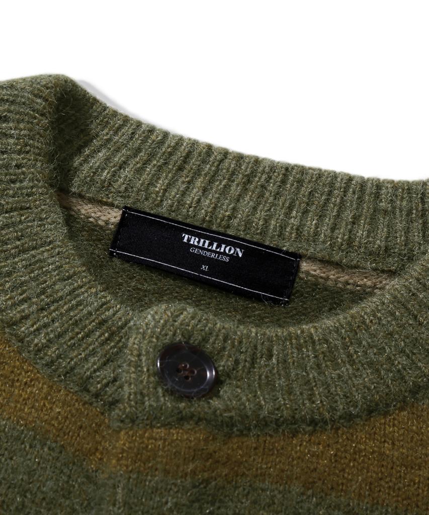 TRILLION Washable Hairy Striped Button Cardigan Knit_Khaki