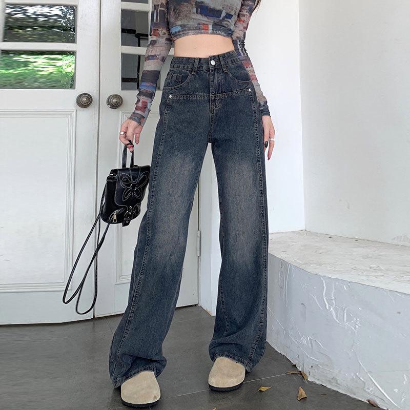 Cement Gray High-Waisted Pear-Shaped Patchwork Wide-Leg Jeans for Women Large