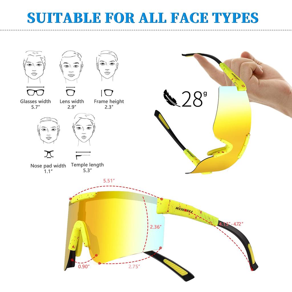 KOOTU Sports Polarized Cycling or Bike Baseball Sunglasses with Colored Dots Sunglasses, Glasses, Men's Women's Eyewear, Driving, (Yellow)