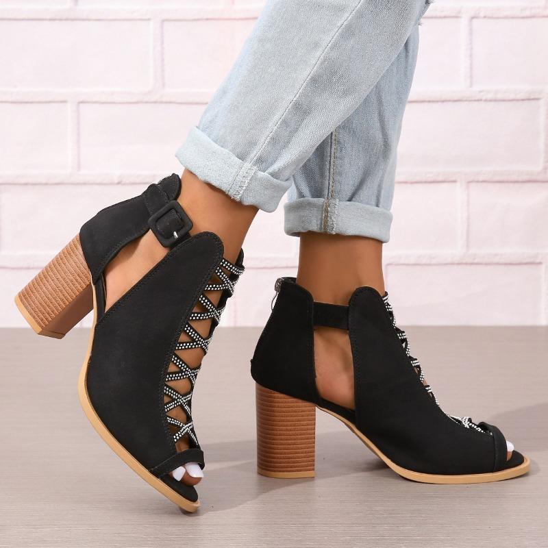 Beige Heeled Sandals Large Size 43 2026 Women's Female Shoes Black Big Block High Comfort Fashion Low Solid Zip Rome Shoes