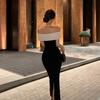 French One-word Shoulder Dress Women's Summer Dress Black and White Splicing Waist Slim Temperament Hip-wrapped Dress