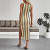 Moda Donna Estate Primavera Abiti Casual Senza Maniche con Stampa Color Block Girocollo a Vita Alta
