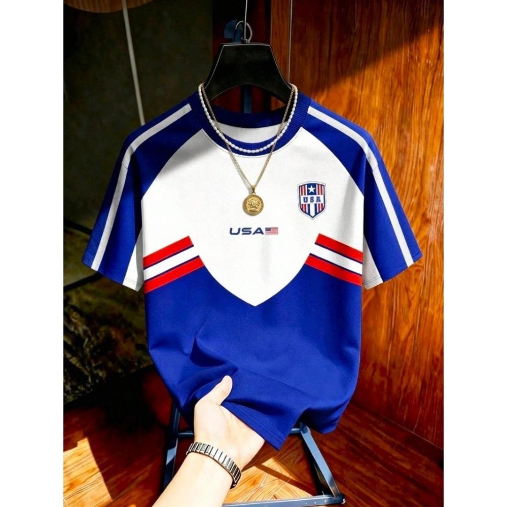 2026 Summer USA Style Football Ports T-shirt Breathable Gym Loose Athletic Short Sleeve Tops Adult Child Casual Blue T-shirt