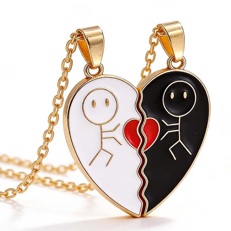 2Pcs Magnet Matchstick People LOVERS Black White Heart Pendant Chain Matching Necklace for Women Men Valentine s Day Girl Gift