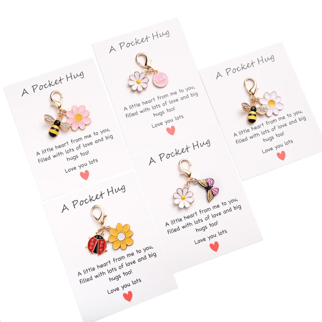 Pocket Hug Greeting Card with Cute Insect & Daisy Keychain Pendant Gift