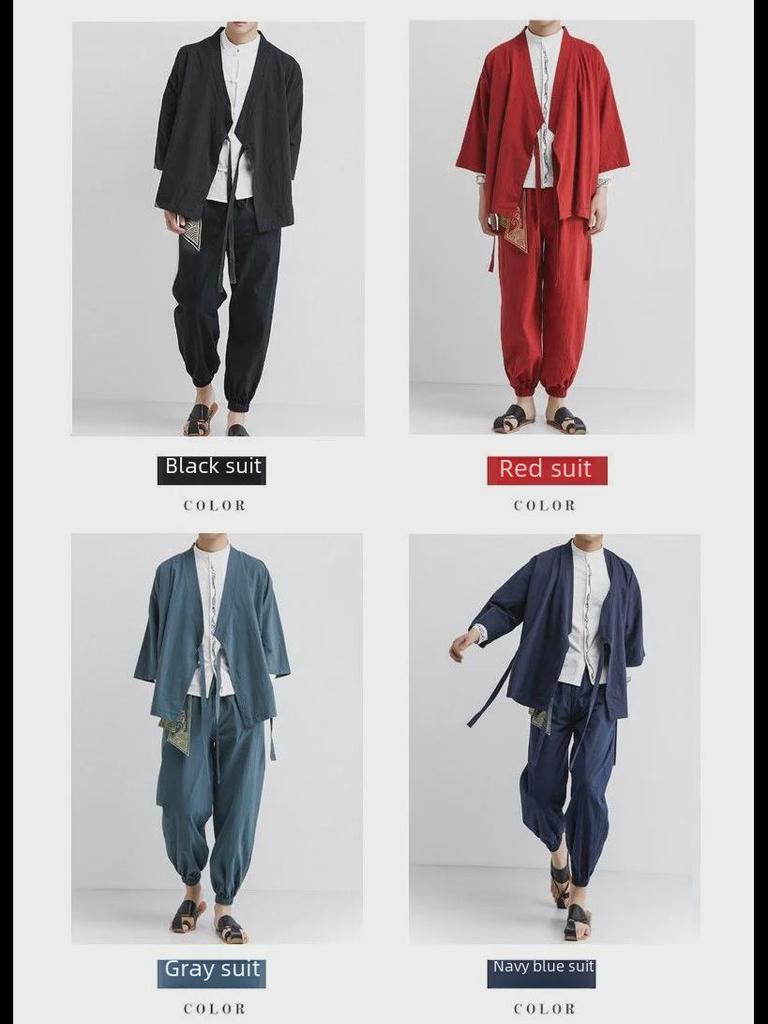 Men's Hanfu Traditional Chinese Zen Robe with Three-Quarter Sleeves