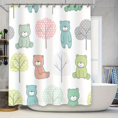 Teddybär Baumdruck Duschvorhang für Badezimmerdeko Grün Blau Rosa Weiß Grau Heimdekoration Wasserdichter Stoff Extra Lang