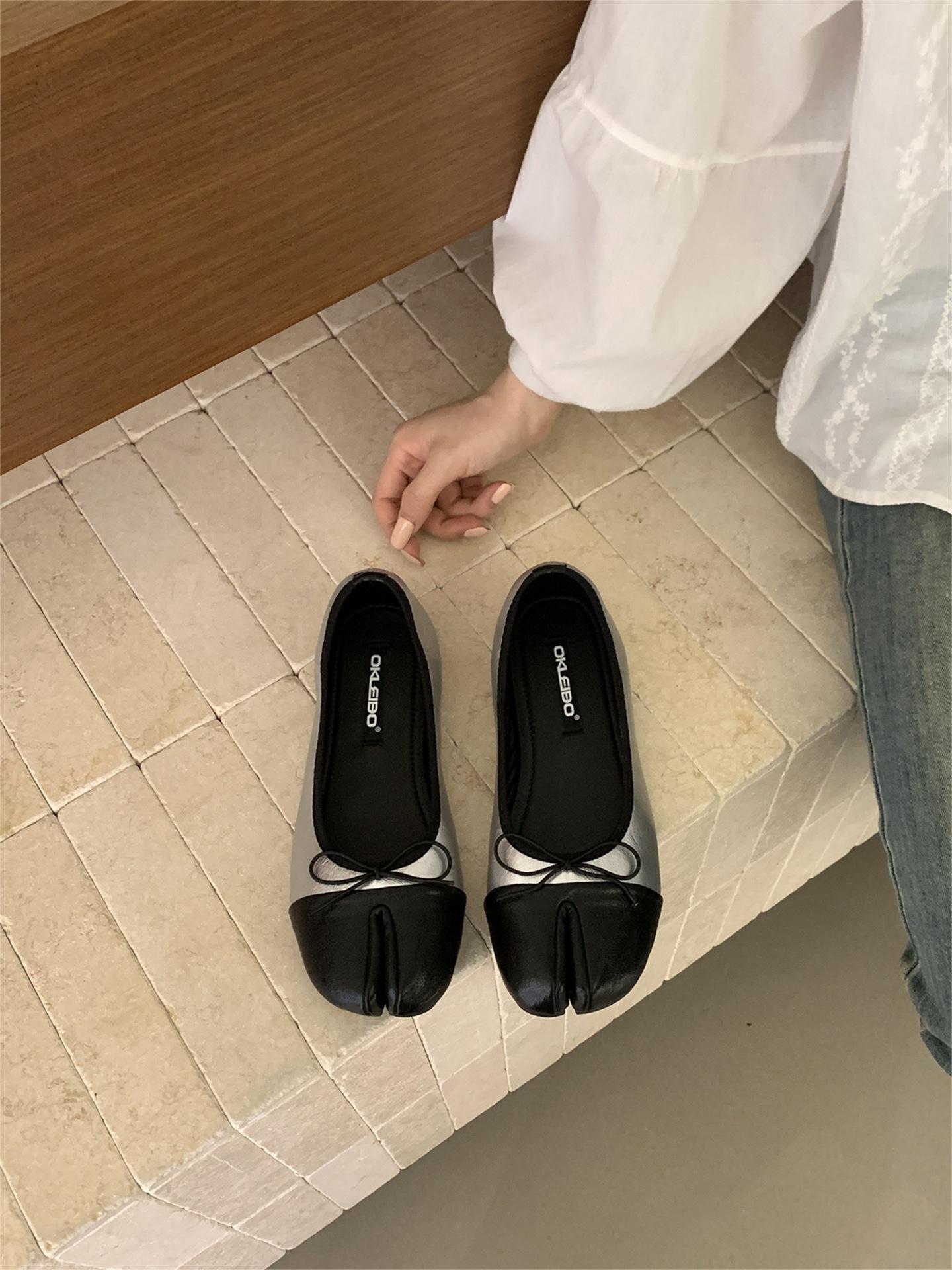 

Bow Lace-Up Shallow Mouth Single Shoes Women S Spring Sweet Wind Flat-Bottomed Split-Toed Pig S Trotters Ballet Shoes Women 39 срібний