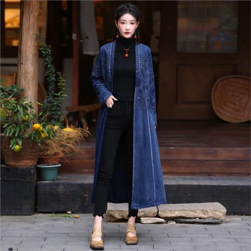Johnature Woman Spring Personality Vintage Embroidery V-Neck Coat Niche Loose Cotton Long Sleeves Retro Coat